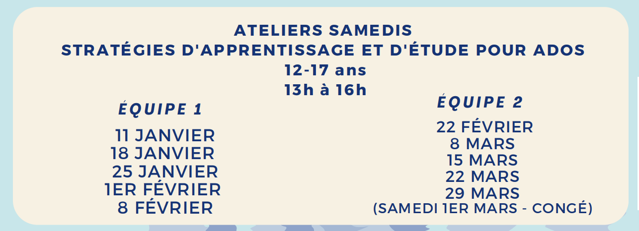 Ateliers samedis - Stratégies d'apprentissage et d'étude pour ados